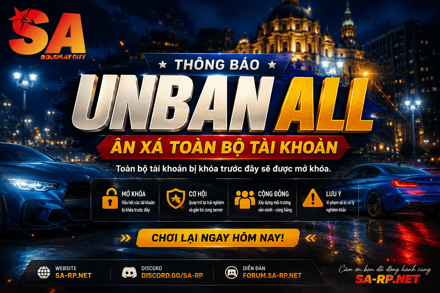 📢 THÔNG BÁO ÂN XÁ TÀI KHOẢN – SA-RP.NET